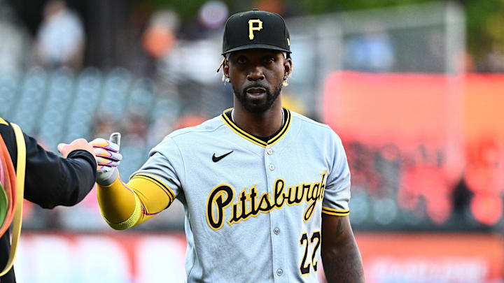 Sep 9, 2025; Baltimore, Maryland, USA;  Pittsburgh Pirates designated hitter Andrew McCutchen (22) walks on the field before the game between the Baltimore Orioles and the Pittsburgh Pirates at Oriole Park at Camden Yards. Mandatory Credit: James A. Pittman-Imagn Images