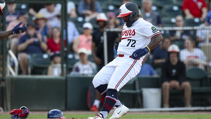 Mar 4, 2026; Fort Myers, Florida, USA; Minnesota Twins right fielder Gabriel Gonzalez (72) scores a run on a wild pitch against against the Puerto Rico in the seventh inning during spring training at Lee Health Sports Complex/Hammond Stadium. Mar 4, 2026; Fort Myers, Florida, USA; Minnesota Twins right fielder Gabriel Gonzalez (72) scores a run on a wild pitch against against the Puerto Rico in the seventh inning during spring training at Lee Health Sports Complex/Hammond Stadium.