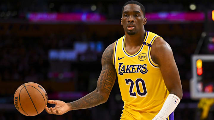  Los Angeles Lakers guard Shake Milton (20) passes against the Milwaukee Bucks during the second half at Crypto.com Arena.