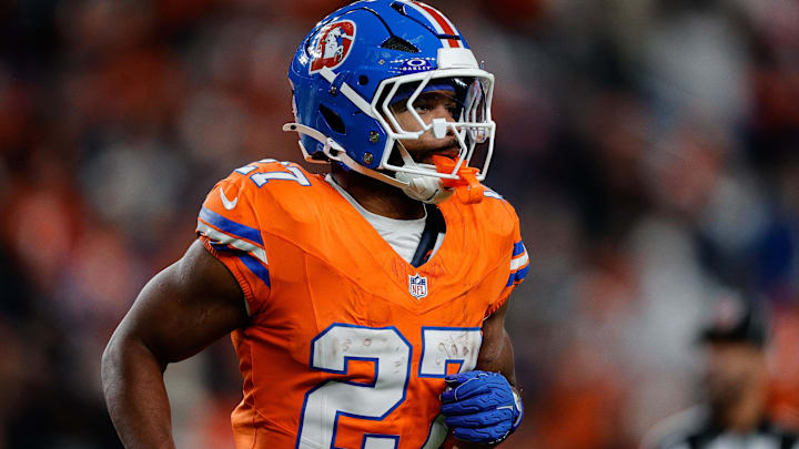 Nov 6, 2025; Denver, Colorado, USA; Denver Broncos running back J.K. Dobbins (27) in the fourth quarter against the Las Vegas Raiders at Empower Field at Mile High. Mandatory Credit: Isaiah J. Downing-Imagn Images