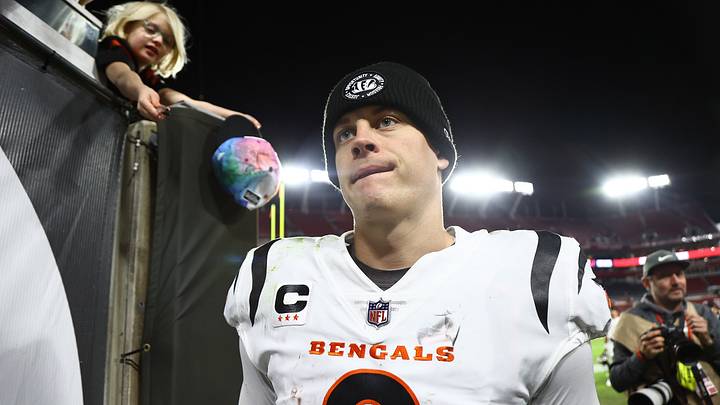 Dec 18, 2022; Tampa, Florida, USA; Cincinnati Bengals quarterback Joe Burrow (9) talks off the field after they best the Tampa Bay Buccaneers at Raymond James Stadium. Mandatory Credit: Kim Klement-USA TODAY Sports Dec 18, 2022; Tampa, Florida, USA; Cincinnati Bengals quarterback Joe Burrow (9) talks off the field after they best the Tampa Bay Buccaneers at Raymond James Stadium. Mandatory Credit: Kim Klement-USA TODAY Sports