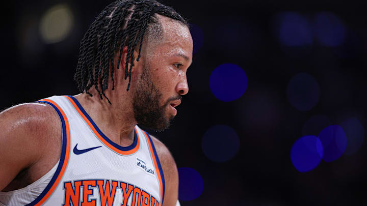 New York Knicks guard Jalen Brunson (11) reacts during the second half of the 2026 NBA Playoffs against the Atlanta Hawks at Madison Square Garden.