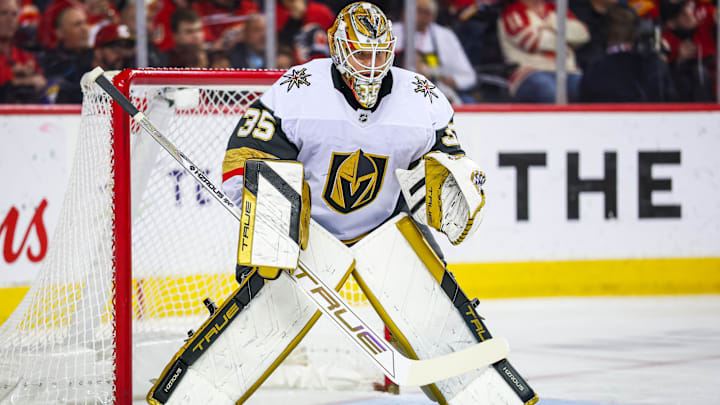 Apr 15, 2025; Calgary, Alberta, CAN; Vegas Golden Knights goaltender Ilya Samsonov (35) guards his net against the Calgary Flames during the second period at Scotiabank Saddledome. Mandatory Credit: Sergei Belski-Imagn Images