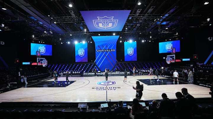 Jan 17, 2025; Miami, FL, USA;  Players warm-up before the game between the Mist and the Lunar Owls of the Unrivaled women’s professional 3v3 basketball league at Wayfair Arena. Mandatory Credit: Jim Rassol-Imagn Images