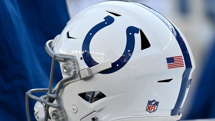 Dec 1, 2024; Foxborough, Massachusetts, USA; An Indianapolis Colts helmet sits on an equipment case during the first half against the New England Patriots at Gillette Stadium. 