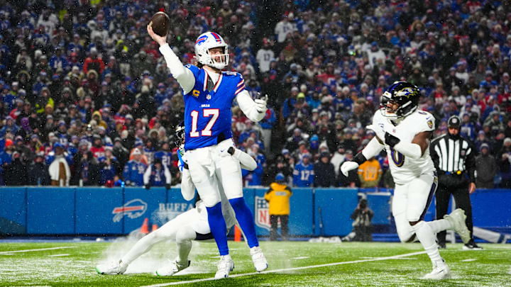 Jan 19, 2025; Orchard Park, New York, USA; Buffalo Bills quarterback Josh Allen (17) throws a pass during the third quarter against the Baltimore Ravens in a 2025 AFC divisional round game 
