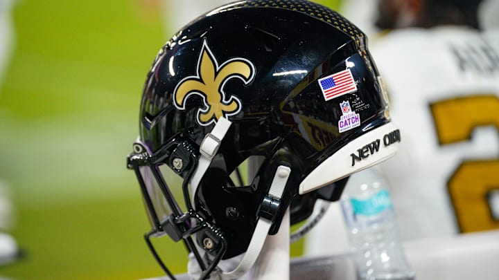Oct 7, 2024; Kansas City, Missouri, USA; A general view of a New Orleans Saints helmet against the Kansas City Chiefs during the first half at GEHA Field at Arrowhead Stadium. Mandatory Credit: Denny Medley-Imagn Images