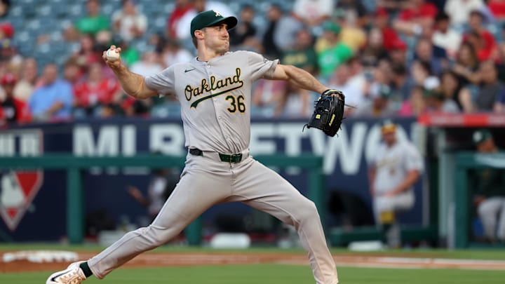 Jul 25, 2024; Anaheim, California, USA; Oakland Athletics starting pitcher Ross Stripling (36) pitches during the second inning against the Los Angeles Angels at Angel Stadium. Mandatory Credit: Kiyoshi Mio-Imagn Images Jul 25, 2024; Anaheim, California, USA; Oakland Athletics starting pitcher Ross Stripling (36) pitches during the second inning against the Los Angeles Angels at Angel Stadium. Mandatory Credit: Kiyoshi Mio-Imagn Images