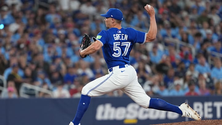 Jun 30, 2025; Toronto, Ontario, CAN; Toronto Blue Jays relief pitcher Chad Green (57) throws a pitch against the New York Yankees during the eighth inning at Rogers Centre. Mandatory Credit: Nick Turchiaro-Imagn Images Jun 30, 2025; Toronto, Ontario, CAN; Toronto Blue Jays relief pitcher Chad Green (57) throws a pitch against the New York Yankees during the eighth inning at Rogers Centre. Mandatory Credit: Nick Turchiaro-Imagn Images