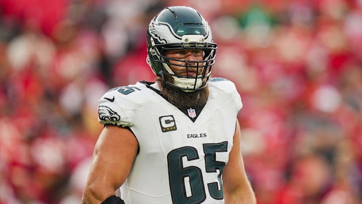 Sep 14, 2025; Kansas City, Missouri, USA; Philadelphia Eagles offensive tackle Lane Johnson (65) reacts during the second half against the Kansas City Chiefs at GEHA Field at Arrowhead Stadium. Mandatory Credit: Jay Biggerstaff-Imagn Images