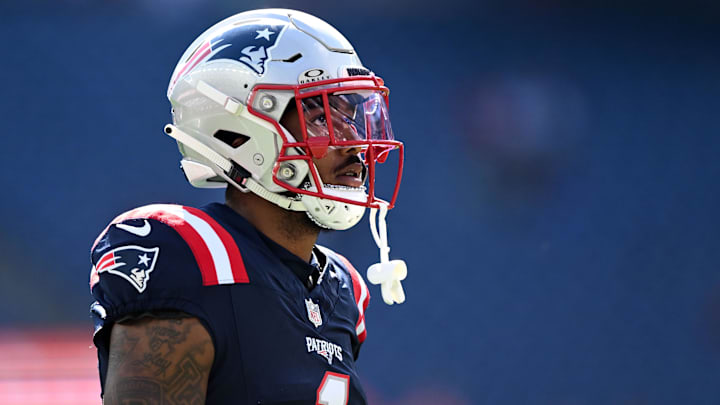 Oct 6, 2024; Foxborough, Massachusetts, USA;  New England Patriots wide receiver Ja'Lynn Polk (1) walks onto the field before a game against the Miami Dolphins at Gillette Stadium. Mandatory Credit: Brian Fluharty-Imagn Images