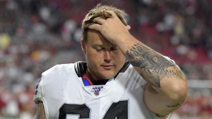 Aug 15, 2019; Glendale, AZ, USA; Oakland Raiders center Richie Incognito (64) during an NFL football game against the Arizona Cardinals. The Raiders defeated the Cardinals 33-26. Mandatory Credit: Kirby Lee-USA TODAY Sports
