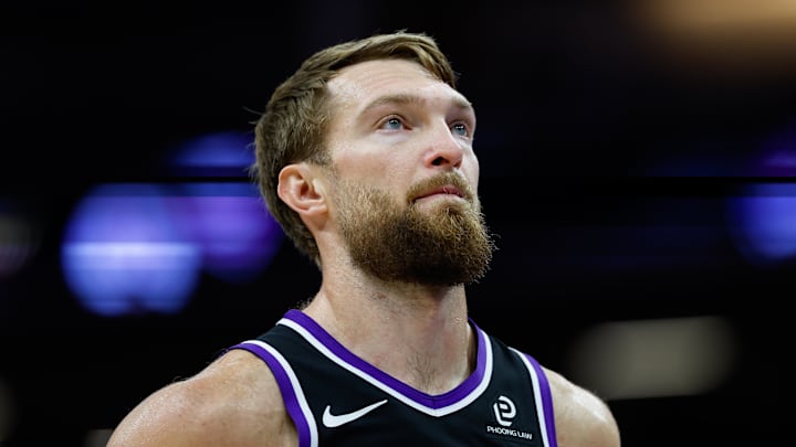 Nov 11, 2025; Sacramento, California, USA; Sacramento Kings center Domantas Sabonis (11) looks on during the fourth quarter against the Denver Nuggets at Golden 1 Center.