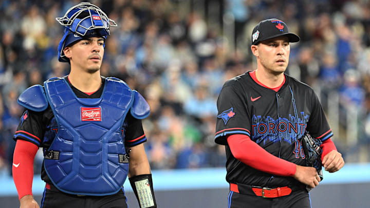Apr 10, 2026; Toronto, Ontario, CAN;   Toronto Blue Jays catcher Brandon Valenzuela (59) and starting pitcher Patrick Corbin (46) walk in from the bullpen before the start of play against the Minnesota Twins at Rogers Centre. Mandatory Credit: Dan Hamilton-Imagn Images