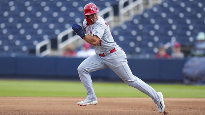Mar 5, 2025; West Palm Beach, Florida, USA; St. Louis Cardinals left feilder JJ Wetherholt (87) runs to second base against the Houston Astros during the second inning at CACTI Park of the Palm Beaches. Mandatory Credit: Rich Storry-Imagn Images Mar 5, 2025; West Palm Beach, Florida, USA; St. Louis Cardinals left feilder JJ Wetherholt (87) runs to second base against the Houston Astros during the second inning at CACTI Park of the Palm Beaches. Mandatory Credit: Rich Storry-Imagn Images