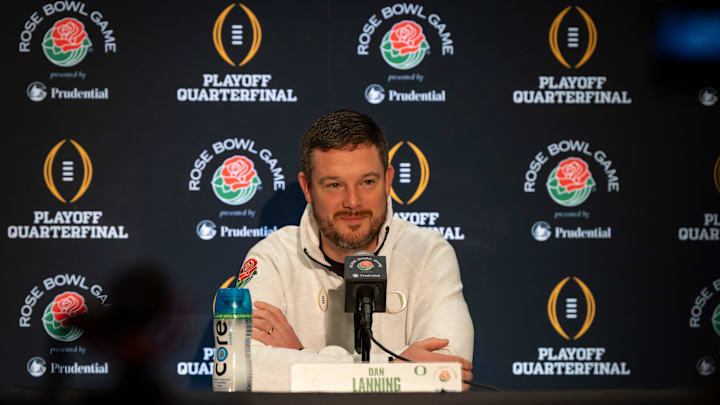 Oregon head coach Dan Lanning awaits questions during media day for the Oregon Ducks in Los Angeles ahead of the Rose Bowl Monday, Dec. 30, 2024. Oregon head coach Dan Lanning awaits questions during media day for the Oregon Ducks in Los Angeles ahead of the Rose Bowl Monday, Dec. 30, 2024.