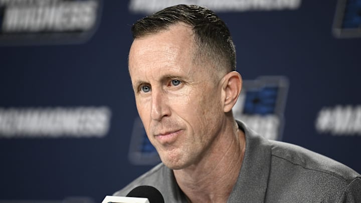 Mar 19, 2026; San Diego, CA, USA; Cal Baptist head coach Rick Croy speaks at a press conference ahead of the first round of the men's 2026 NCAA Tournament at Viejas Arena. Mandatory Credit: Denis Poroy-Imagn Images