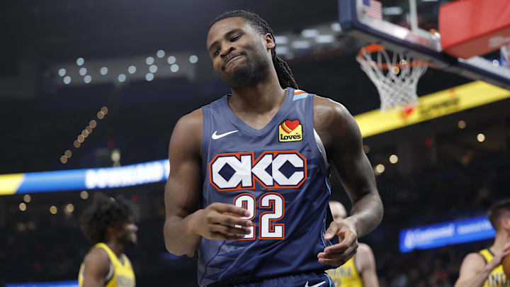 Jan 23, 2026; Oklahoma City, Oklahoma, USA; Oklahoma City Thunder guard Cason Wallace (22) reacts after a play against the Indiana Pacers during the second quarter at Paycom Center. Mandatory Credit: Alonzo Adams-Imagn Images