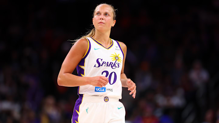 Sep 9, 2025; Phoenix, Arizona, USA; Los Angeles Sparks guard Julie Allemand (20) against the Phoenix Mercury during a WNBA game at PHX Arena. Mandatory Credit: Mark J. Rebilas-Imagn Images