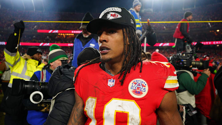 Jan 26, 2025; Kansas City, MO, USA; Kansas City Chiefs running back Isiah Pacheco (10) reacts after the AFC Championship game against the Buffalo Bills at GEHA Field at Arrowhead Stadium. Mandatory Credit: Denny Medley-Imagn Images