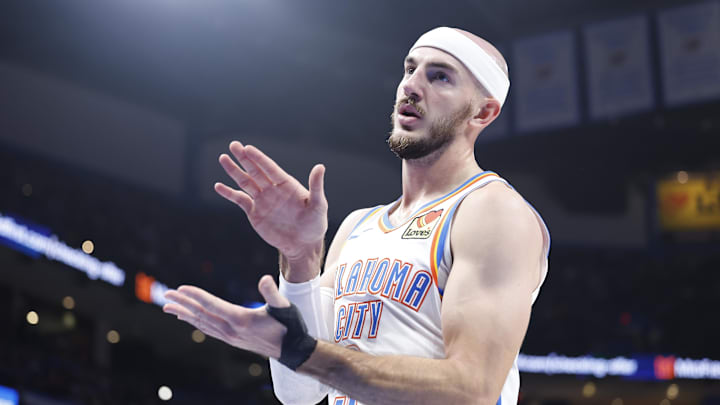 Nov 20, 2024; Oklahoma City, Oklahoma, USA; Oklahoma City Thunder guard Alex Caruso (9) reacts after a play against the Portland Trail Blazers during the second quarter at Paycom Center. Mandatory Credit: Alonzo Adams-Imagn Images Nov 20, 2024; Oklahoma City, Oklahoma, USA; Oklahoma City Thunder guard Alex Caruso (9) reacts after a play against the Portland Trail Blazers during the second quarter at Paycom Center. Mandatory Credit: Alonzo Adams-Imagn Images