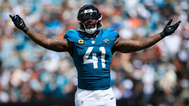 Jacksonville Jaguars defensive end Josh Hines-Allen (41) gets the crowd pumped up after a sack on Cleveland Browns quarterback Deshaun Watson (4), not shown, during the first quarter of an NFL football matchup at EverBank Stadium on Sunday, Sept. 13, 2026, in Jacksonville, Fla. The Jaguars defeated the Browns 34-10. [Corey Perrine/Florida Times-Union]