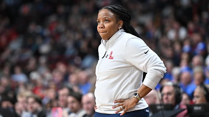 Mar 28, 2025; Spokane, WA, USA; Ole Miss Rebels head coach Yolett McPhee-McCuin looks on against the UCLA Bruins during the second half of a Sweet 16 NCAA Tournament basketball game at Spokane Arena. at Spokane Arena. Mandatory Credit: James Snook-Imagn Images