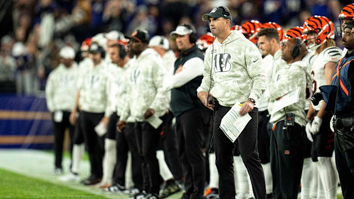Cincinnati Bengals head coach Zac Taylor looks on in the fourth quarter of the NFL game against the Baltimore Ravens at M&T Banks Stadium in Baltimore on Thursday, Nov. 7, 2024.