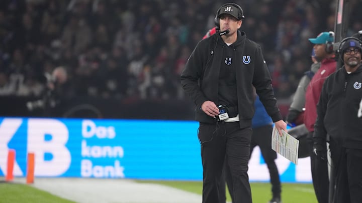 Nov 9, 2025; Berlin, Germany; Indianapolis Colts head coach Shane Steichen in action against the Atlanta Falcons during the NFL Berlin Game at Olympic Stadium. Mandatory Credit: Kirby Lee-Imagn Images
