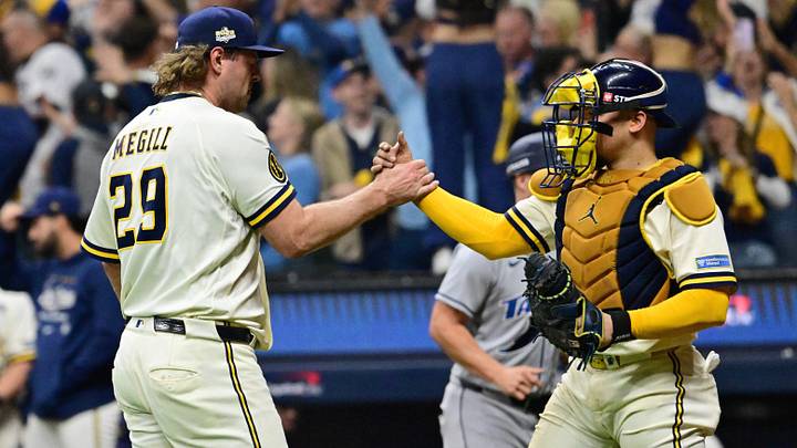 Oct 23, 2026; Milwaukee, Wisconsin, USA;  Milwaukee Brewers pitcher Trevor Megill (29) and catcher William Contreras (24) celebrate after defeating the Tampa Bay Rays in game one of the 2026 World Series at American Family Field.  Mandatory Credit: Benny Sieu-Imagn Images