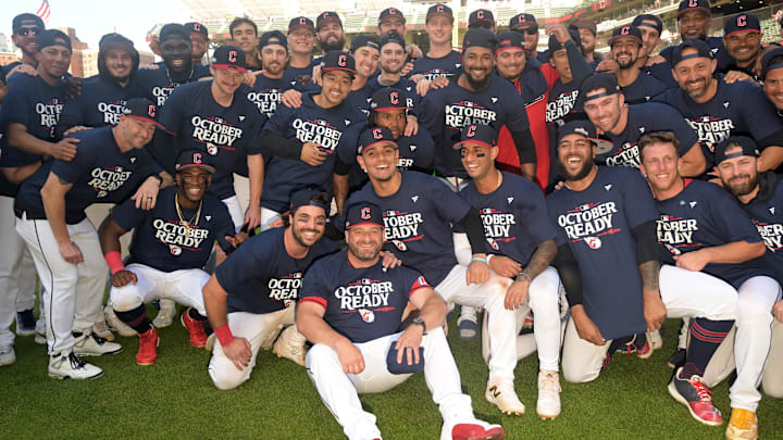 Sep 19, 2024; Cleveland, Ohio, USA; Cleveland Guardians manager Stephen Vogt, middle, celebrates with players after the Guardians beat the Minnesota Twins at Progressive Field. The Guardians clinched a playoff berth with the win. Mandatory Credit: Ken Blaze-Imagn Images