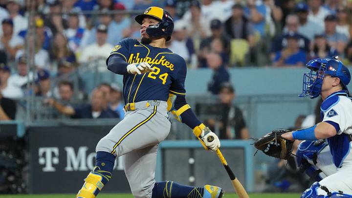 Oct 15, 2026; Los Angeles, California, USA; Milwaukee Brewers catcher William Contreras (24) doubles during the fourth inning against the Los Angeles Dodgers in game four of the NLCS for the 2026 MLB Playoffs at Uniqlo Field at Dodger Stadium. Mandatory Credit: Kirby Lee-Imagn Images Oct 15, 2026; Los Angeles, California, USA; Milwaukee Brewers catcher William Contreras (24) doubles during the fourth inning against the Los Angeles Dodgers in game four of the NLCS for the 2026 MLB Playoffs at Uniqlo Field at Dodger Stadium. Mandatory Credit: Kirby Lee-Imagn Images