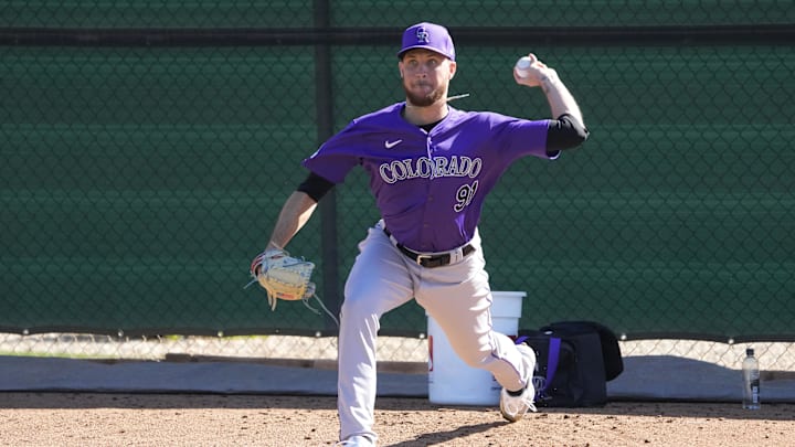 Scottsdale, AZ, USA; Colorado Rockies pitcher Carson Palmquist (91) throws in the bullpen during Spring Training camp at Salt River Fields.