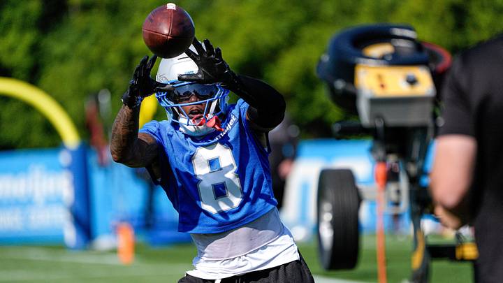 Former Detroit Lions' wide receiver Greg Dortch (8) practices during Lions' training camp at Meijer Performance Center in Allen Park on Wednesday, July 29, 2026. Former Detroit Lions' wide receiver Greg Dortch (8) practices during Lions' training camp at Meijer Performance Center in Allen Park on Wednesday, July 29, 2026.