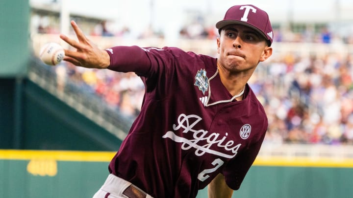 Jun 19, 2024; Omaha, NE, USA; Texas A&M Aggies shortstop Ali Camarillo (2) throws the ball into the crowd after getting an out against the Florida Gators during the third inning at Charles Schwab Field Omaha. Jun 19, 2024; Omaha, NE, USA; Texas A&M Aggies shortstop Ali Camarillo (2) throws the ball into the crowd after getting an out against the Florida Gators during the third inning at Charles Schwab Field Omaha.