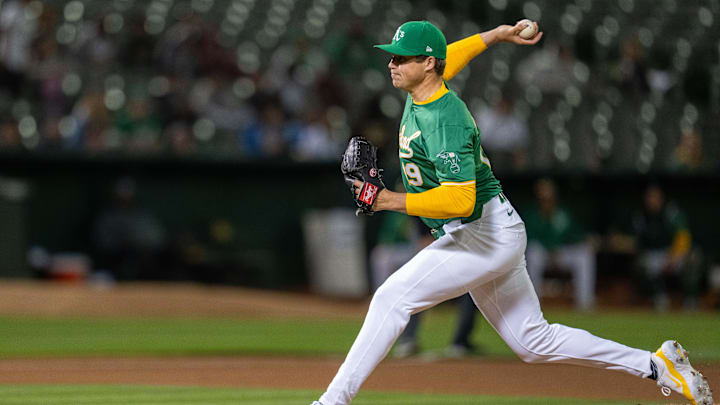 Apr 30, 2024; Oakland, California, USA; Oakland Athletics pitcher Mason Miller (19) delivers a pitch against the Pittsburgh Pirates during the ninth inning at Oakland-Alameda County Coliseum. Mandatory Credit: Neville E. Guard-USA TODAY Sports Apr 30, 2024; Oakland, California, USA; Oakland Athletics pitcher Mason Miller (19) delivers a pitch against the Pittsburgh Pirates during the ninth inning at Oakland-Alameda County Coliseum. Mandatory Credit: Neville E. Guard-USA TODAY Sports