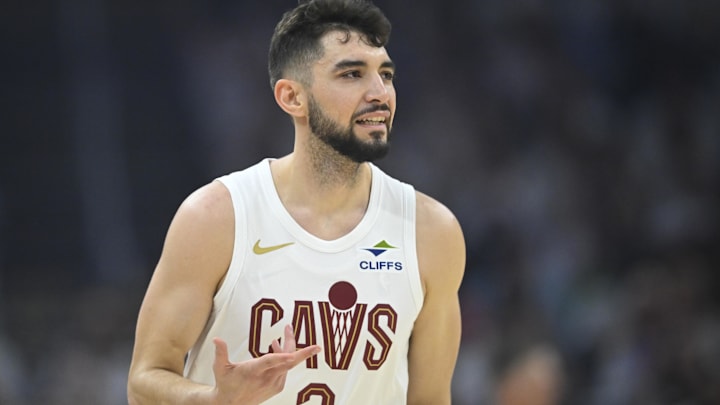 Apr 23, 2025; Cleveland, Ohio, USA; Cleveland Cavaliers guard Ty Jerome (2) celebrates his three-point basket in the first quarter of game two of the first round of the 2025 NBA Playoffs against the Miami Heat at Rocket Arena. Mandatory Credit: David Richard-Imagn Images
