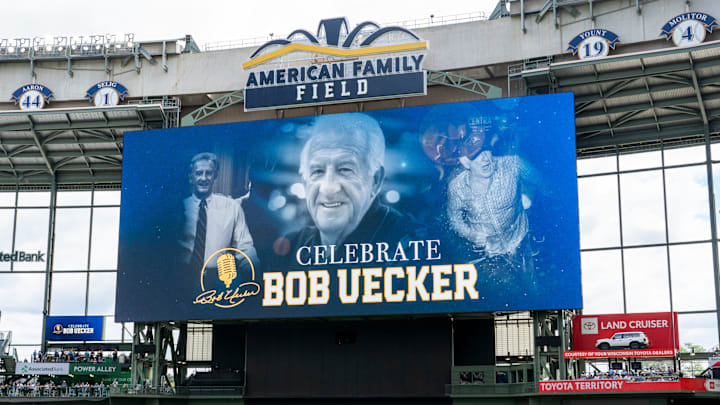 An image of Bob Uecker is displayed during the Milwaukee Brewers' Bob Uecker celebration of life on Sunday August 24, 2025 at American Family Field in Milwaukee, WI.