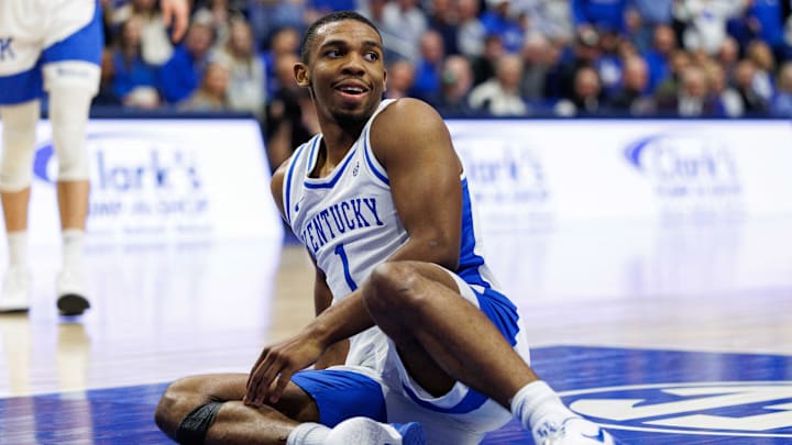 Jan 14, 2025; Lexington, Kentucky, USA; Kentucky Wildcats guard Lamont Butler (1) goes to the floor during the second half against the Texas A&M Aggies at Rupp Arena at Central Bank Center. Mandatory Credit: Jordan Prather-Imagn Images