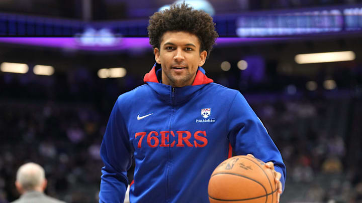 Jan 21, 2023; Sacramento, California, USA; Philadelphia 76ers guard Matisse Thybulle (22) warms up before the game against the Sacramento Kings at Golden 1 Center. Mandatory Credit: Darren Yamashita-Imagn Images