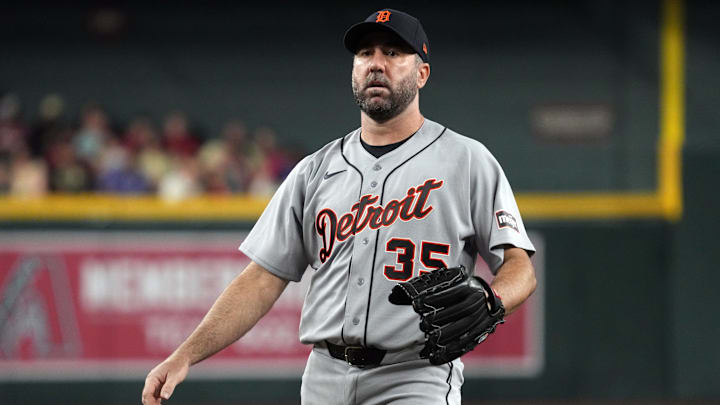 Mar 30, 2026; Phoenix, Arizona, USA; Detroit Tigers pitcher Justin Verlander (35) throws against the Arizona Diamondbacks in the first inning at Chase Field. Mandatory Credit: Rick Scuteri-Imagn Images