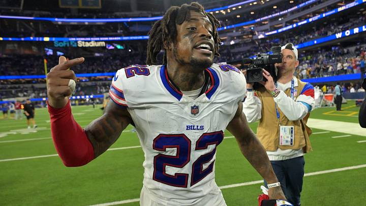 Buffalo Bills safety C.J. Gardner-Johnson (22) celebrates after the game against the Los Angeles Rams at SoFi Stadium. Buffalo Bills safety C.J. Gardner-Johnson (22) celebrates after the game against the Los Angeles Rams at SoFi Stadium.