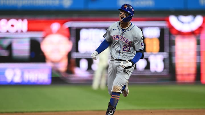 Oct 6, 2024; Philadelphia, Pennsylvania, USA; New York Mets third base Mark Vientos (27) reacts after hitting a two run home run in the ninth inning against the Philadelphia Phillies during game two of the NLDS for the 2024 MLB Playoffs at Citizens Bank Park. Mandatory Credit: Kyle Ross-Imagn Images