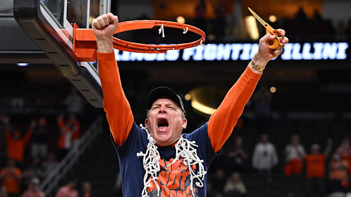 Mar 28, 2026; Houston, TX, USA; Illinois Fighting Illini head coach Brad Underwood celebrates after cutting down the net after defeating the Iowa Hawkeyes in an Elite Eight game of the South Regional of the men's 2026 NCAA Tournament at Toyota Center. Mandatory Credit: Maria Lysaker-Imagn Images Mar 28, 2026; Houston, TX, USA; Illinois Fighting Illini head coach Brad Underwood celebrates after cutting down the net after defeating the Iowa Hawkeyes in an Elite Eight game of the South Regional of the men's 2026 NCAA Tournament at Toyota Center. Mandatory Credit: Maria Lysaker-Imagn Images