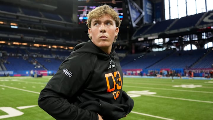 Mar 1, 2025; Indianapolis, IN, USA; Mississippi quarterback Jaxson Dart (QB03) during the 2025 NFL Combine at Lucas Oil Stadium. Mandatory Credit: Kirby Lee-Imagn Images