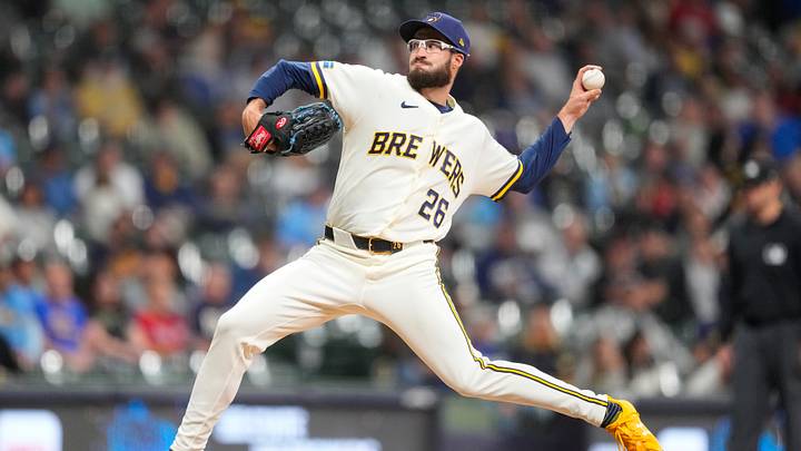 Jun 17, 2026; Milwaukee, Wisconsin, USA;  Milwaukee Brewers pitcher Aaron Ashby (26) throws a pitch during the eighth inning against the Cleveland Guardians at American Family Field. Mandatory Credit: Jeff Hanisch-Imagn Images