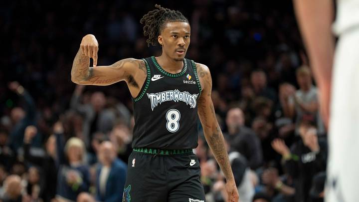 Apr 30, 2026; Minneapolis, Minnesota, USA; Minnesota Timberwolves guard Bones Hyland (8) celebrates making a shot against the Denver Nuggets in the first half during game six of the first round of the 2026 NBA Playoffs at Target Center. Mandatory Credit: Jesse Johnson-Imagn Images Apr 30, 2026; Minneapolis, Minnesota, USA; Minnesota Timberwolves guard Bones Hyland (8) celebrates making a shot against the Denver Nuggets in the first half during game six of the first round of the 2026 NBA Playoffs at Target Center. Mandatory Credit: Jesse Johnson-Imagn Images