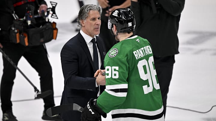 May 3, 2025; Dallas, Texas, USA; Colorado Avalanche head coach Jared Bednar and Dallas Stars right wing Mikko Rantanen (96) after the game between the Dallas Stars and the Colorado Avalanche in game seven of the first round of the 2025 Stanley Cup Playoffs at American Airlines Center. Mandatory Credit: Jerome Miron-Imagn Images