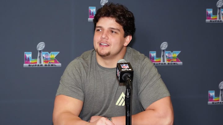 Feb 3, 2026; Santa Clara, CA, USA; New England Patriots offensive tackle Will Campbell speaks to the media during Super Bowl LX press conference at Santa Clara Marriott. Mandatory Credit: Kirby Lee-Imagn Images