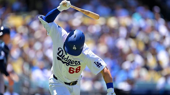 Jun 17, 2026; Los Angeles, California, USA;  Los Angeles Dodgers catcher Dalton Rushing (68) slams his bat after a fly out in the fifth inning against the Tampa Bay Rays at Dodger Stadium. Mandatory Credit: Jayne Kamin-Oncea-Imagn Images